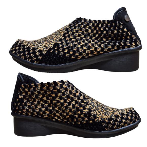 Bernie Mev NY Gem Black Bronze Gold Slip On Woven Wedge Shoes Loafers 38 US 7 - Picture 1 of 5